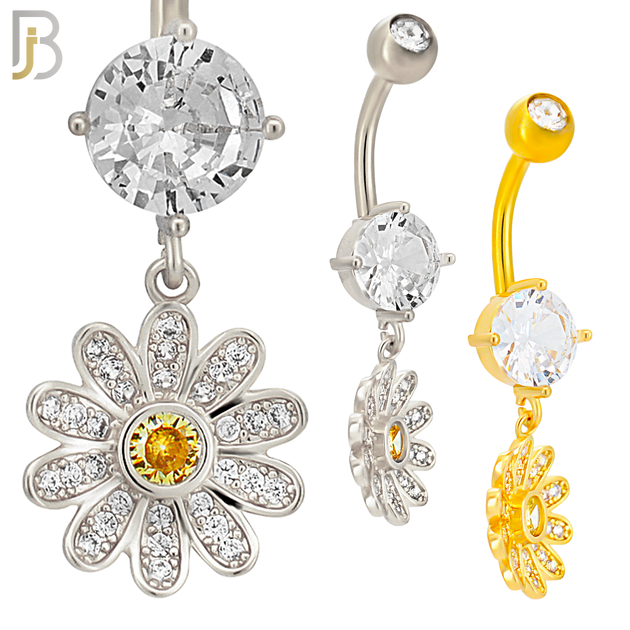 N0126 - 316L Stainless Steel Dangling Flower with Yellow Round Center Zircon Belly Ring image 0