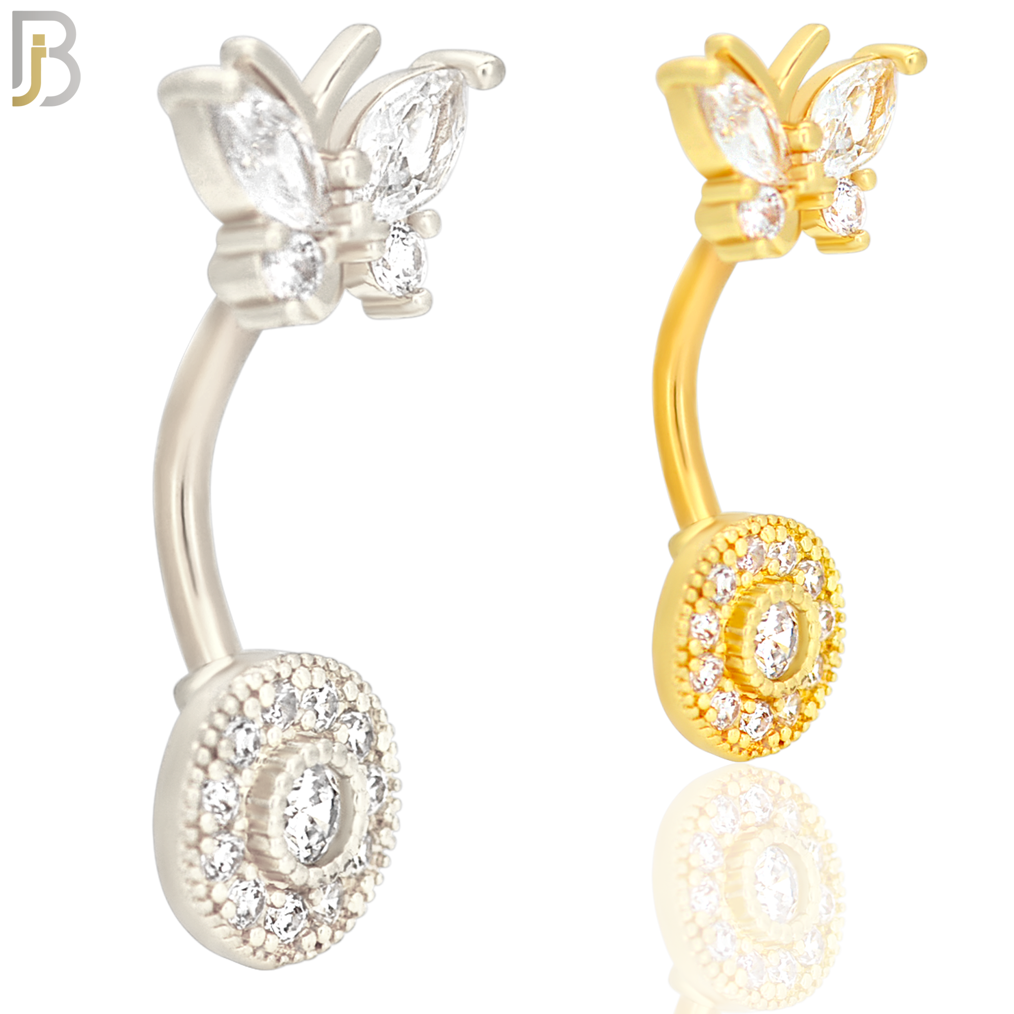 NB30 - 316L Stainless Steel Round with CZ and Butterfly Top Banana Belly Navel Ring image 0