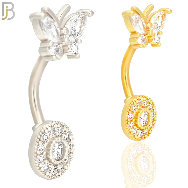 NB30 - 316L Stainless Steel Round with CZ and Butterfly Top Banana Belly Navel Ring image 0