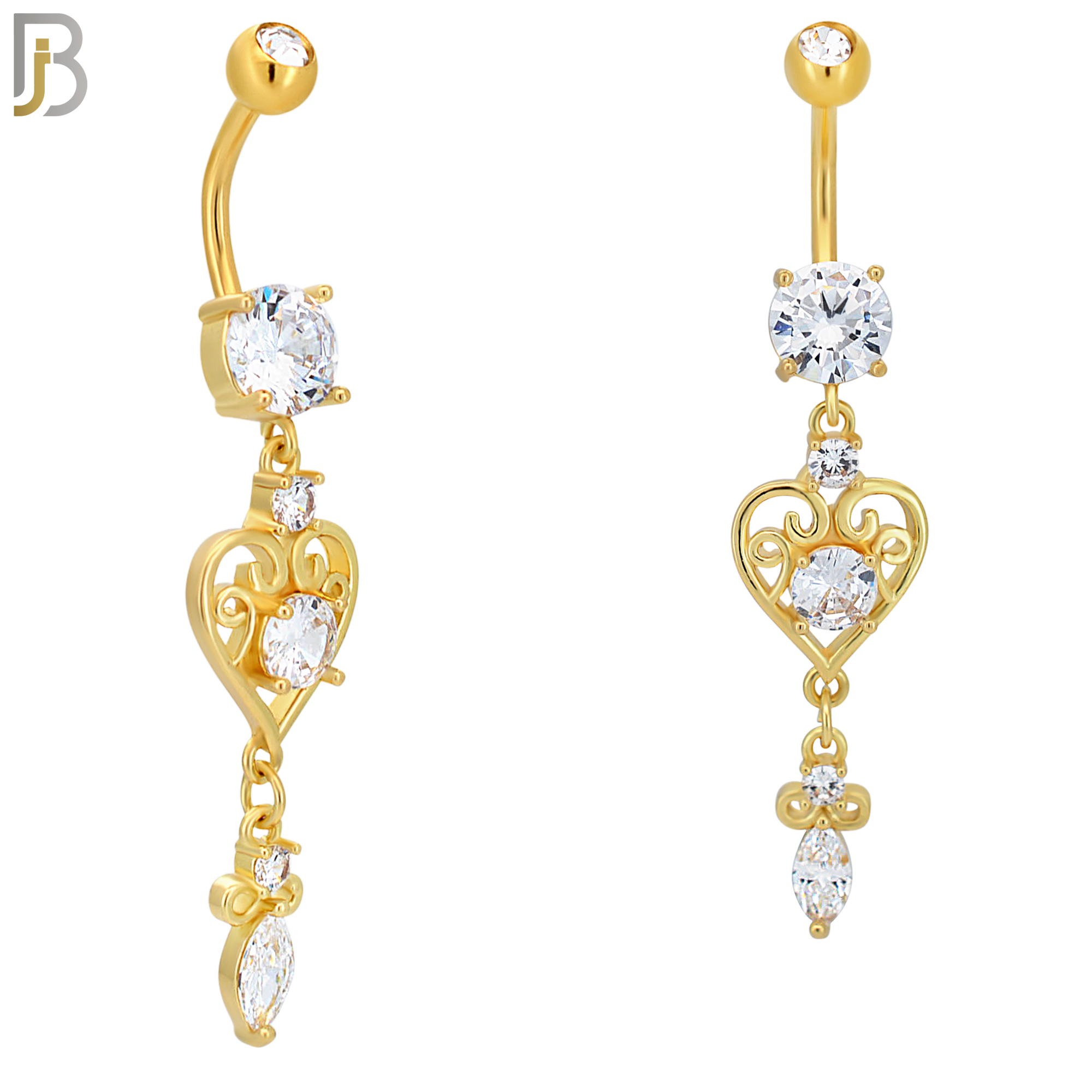 N0100  - 316L Stainless Steel Round Zircon with Dangling Ornate Heart with Zircon Belly Ring image 2