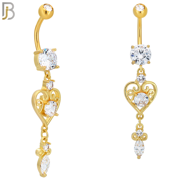 N0100  - 316L Stainless Steel Round Zircon with Dangling Ornate Heart with Zircon Belly Ring image 2
