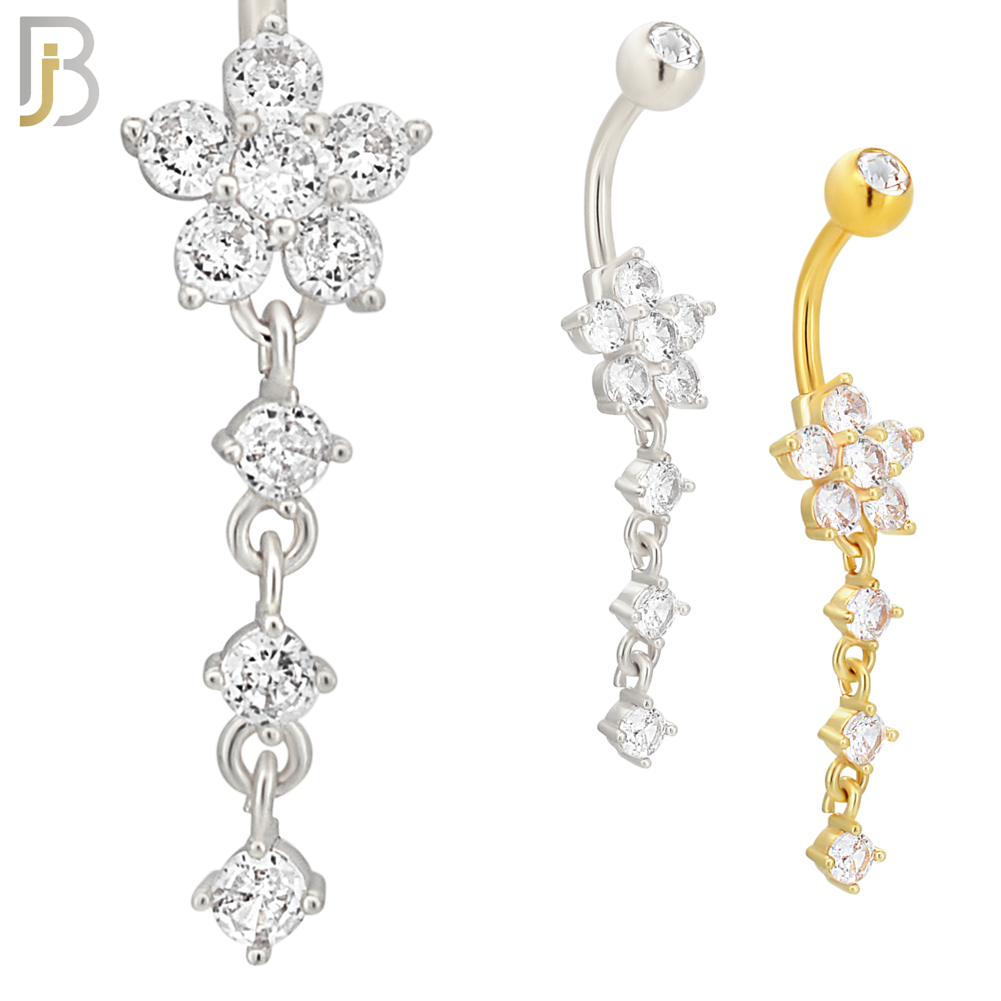 N0107  - 316L Stainless Steel Flower with Three Dangling Line of Zircon Belly Ring image 0