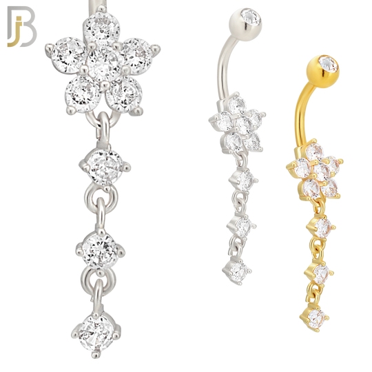 N0107  - 316L Stainless Steel Flower with Three Dangling Line of Zircon Belly Ring image 0