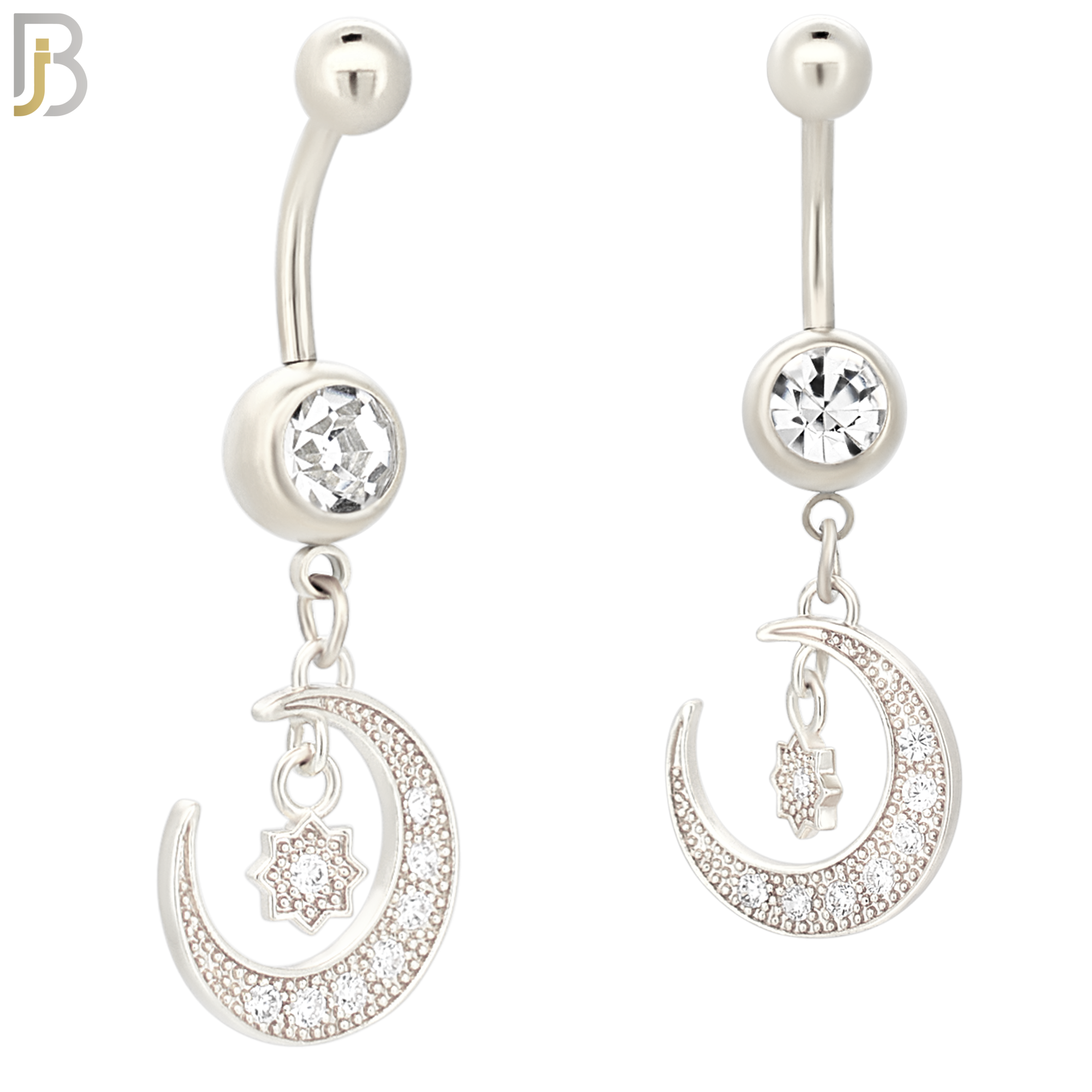 N094  - 316L Stainless Steel Round Zircon with Dangling Moon and Starburst with Zircon Belly Ring image 1