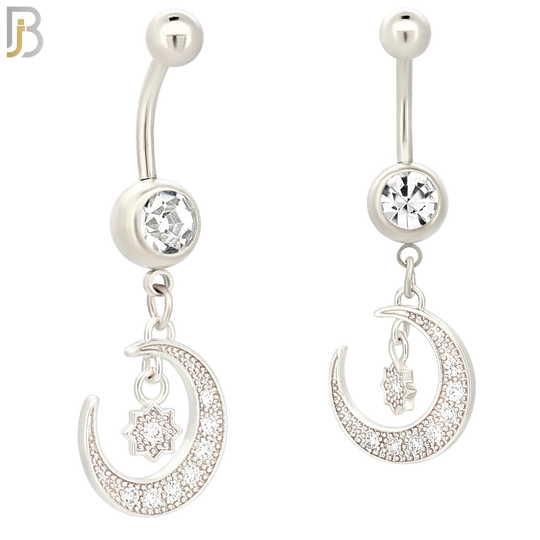 N094  - 316L Stainless Steel Round Zircon with Dangling Moon and Starburst with Zircon Belly Ring image 1