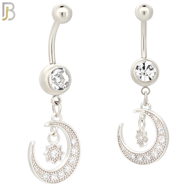 N094  - 316L Stainless Steel Round Zircon with Dangling Moon and Starburst with Zircon Belly Ring image 1