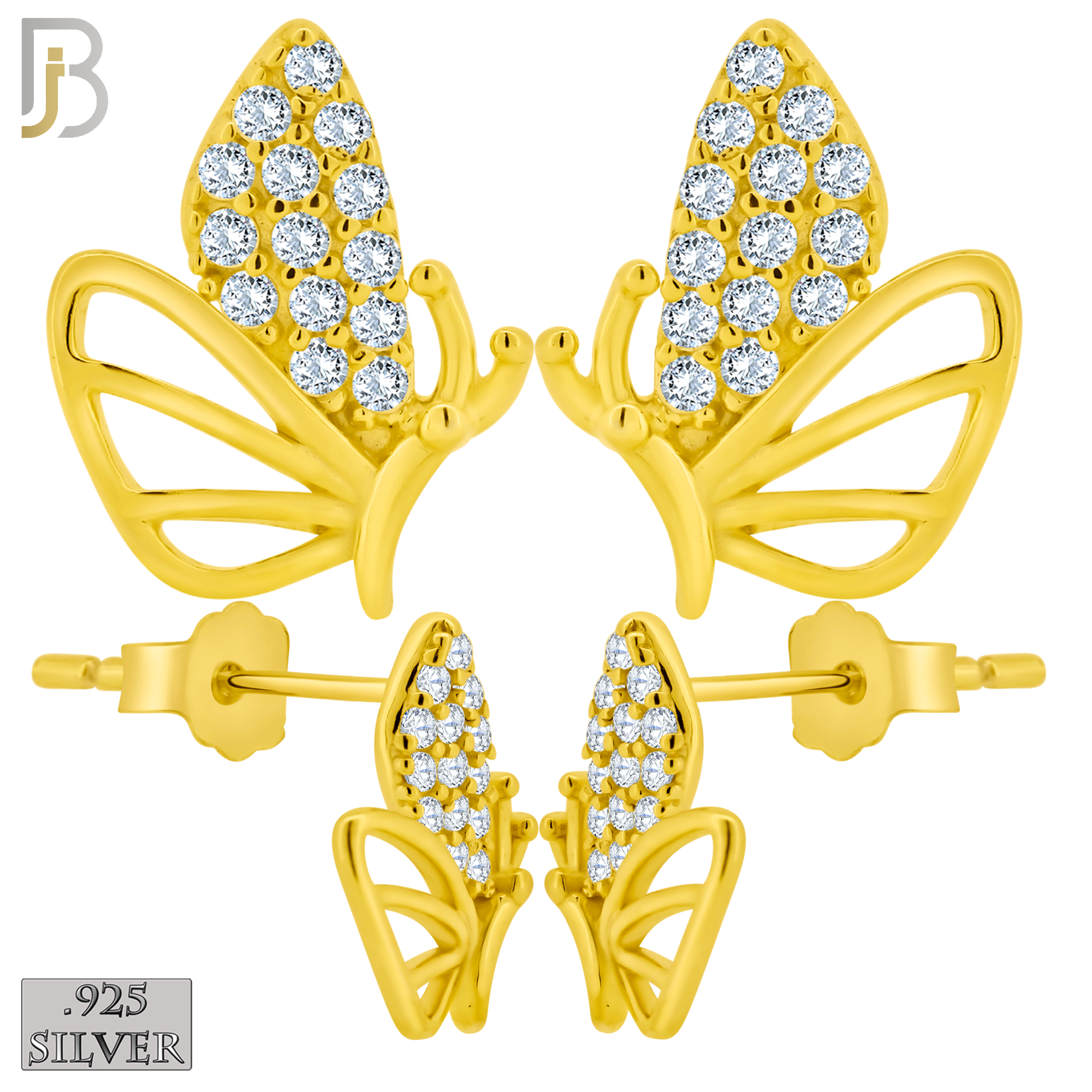 925-ES375 - .925 Sterling Silver CZ Studded Half Butterfly Stud Earrings - Gold Plated image