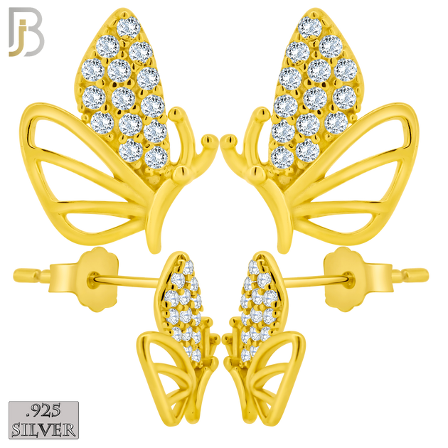 925-ES375 - .925 Sterling Silver CZ Studded Half Butterfly Stud Earrings - Gold Plated image
