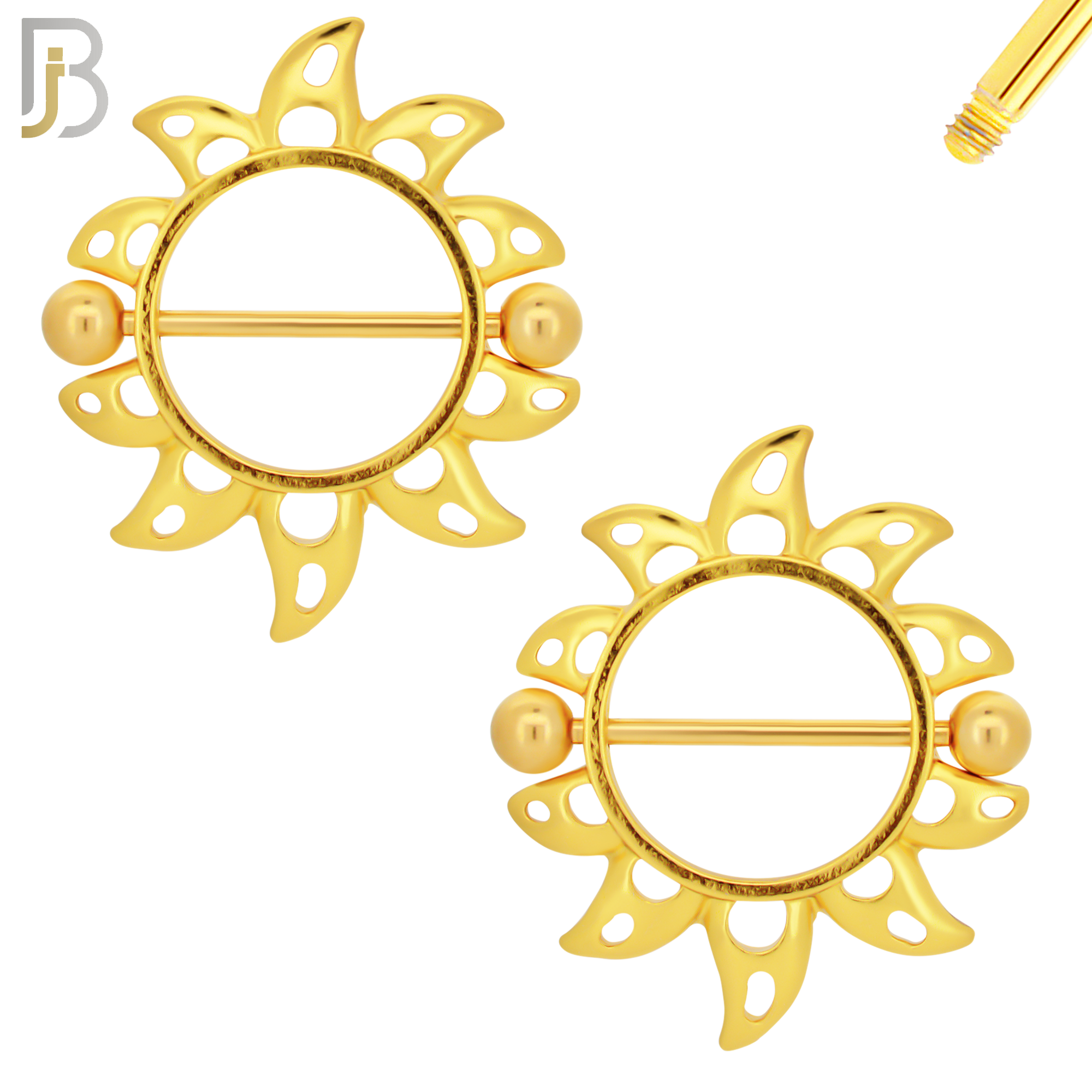 NP38 - 316L Surgical Steel Screw Shield Barbell with Alloy Sun Design Pair image 2