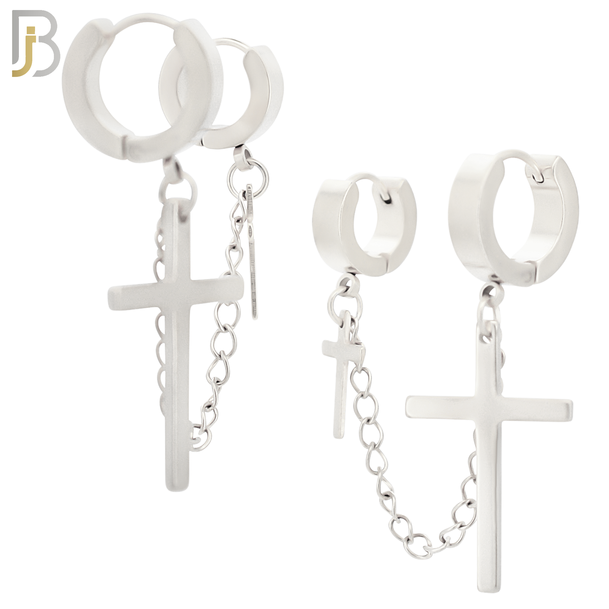 ES285 - 316L Stainless Steel Double Hoop Huggies Cross Link Chain Connector Earring image 1