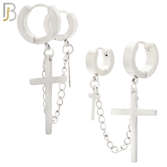 ES285 - 316L Stainless Steel Double Hoop Huggies Cross Link Chain Connector Earring image 1