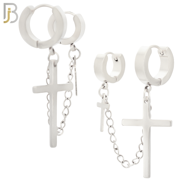 ES285 - 316L Stainless Steel Double Hoop Huggies Cross Link Chain Connector Earring image 1