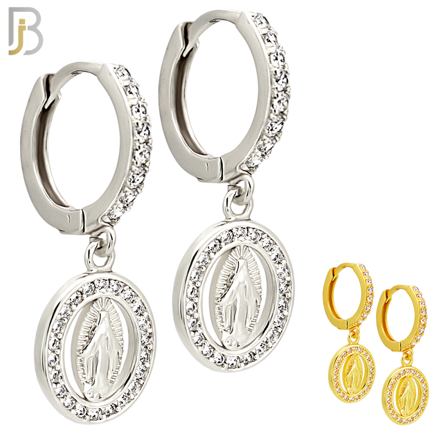 ES505 - 316L Stainless Steel Dangling Oval Virgin Mary Huggies Earrings image 0