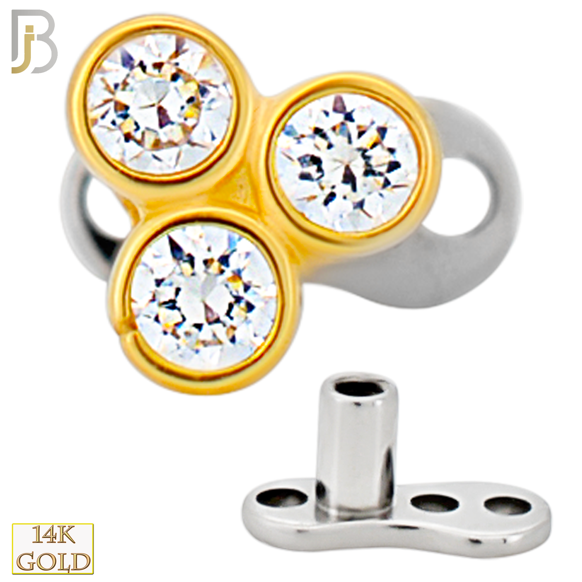 14-G23-DM18 - 14k Titanium Anchor and 14k Gold Top Three CZ in Bezel Setting Dermal - Internally Threaded image 2