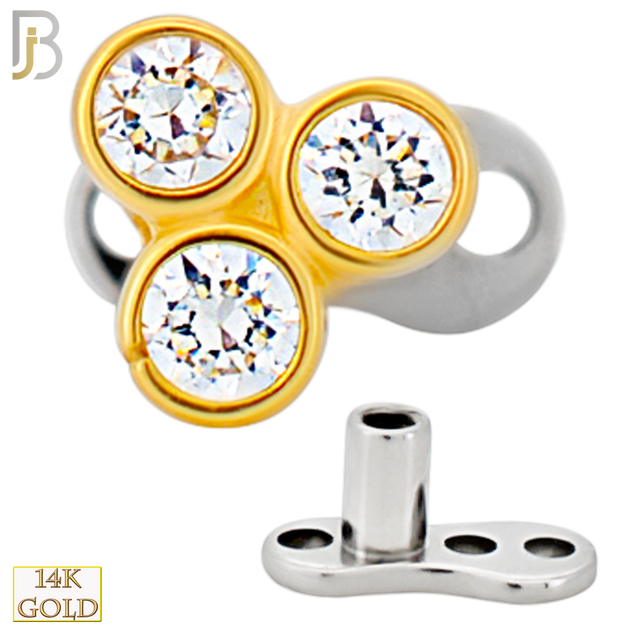 14-G23-DM18 - 14k Titanium Anchor and 14k Gold Top Three CZ in Bezel Setting Dermal - Internally Threaded image 2