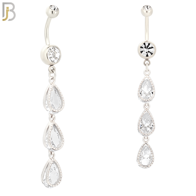 N040 - 316L Stainless Steel Dangling Triple Teardrop Zircon Design Belly Ring with 4mm Screw Ball image 1