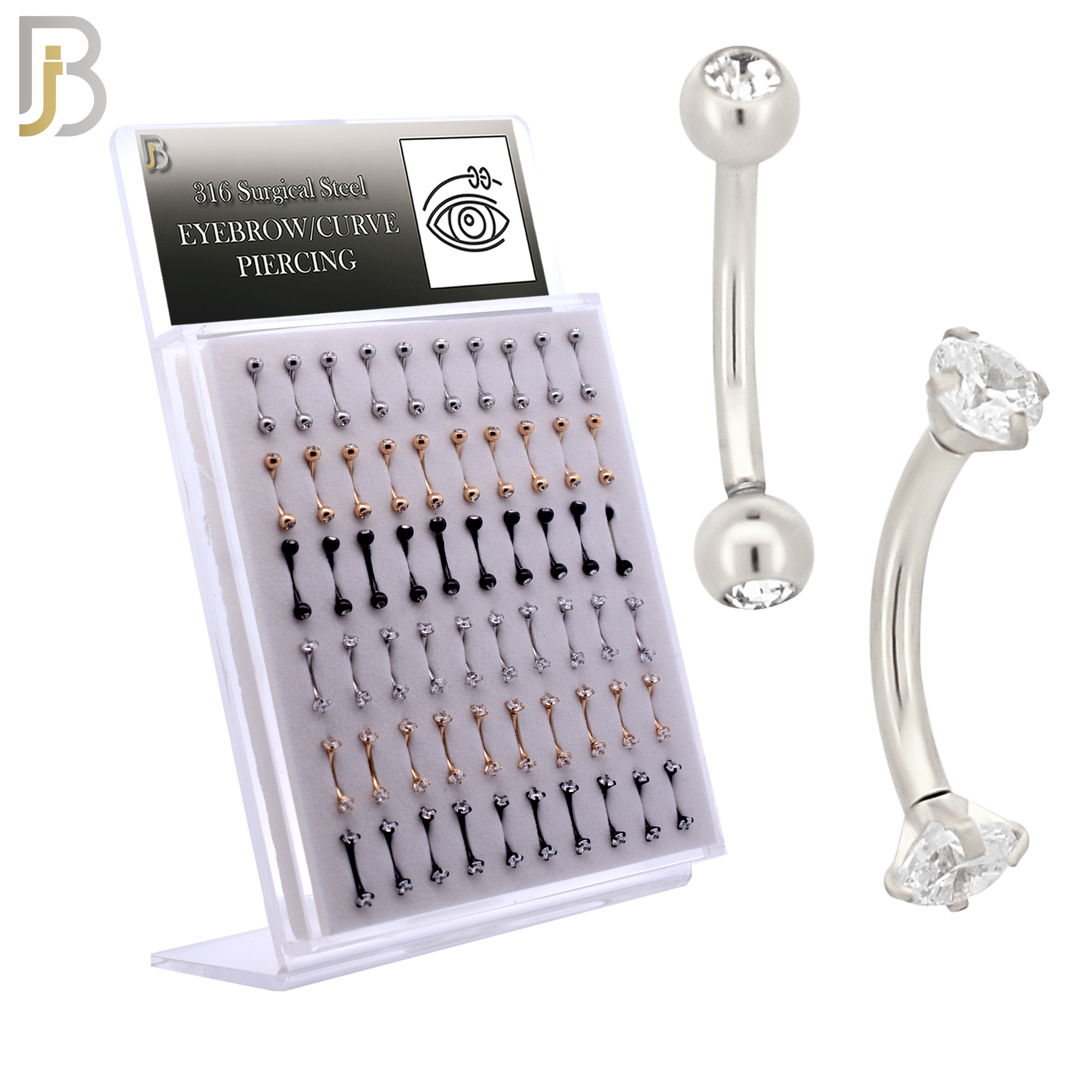 PK-EC03M - 316L Surgical Steel Curved Barbell External Threaded with Bezel Set and Prong Set Zircon image 0