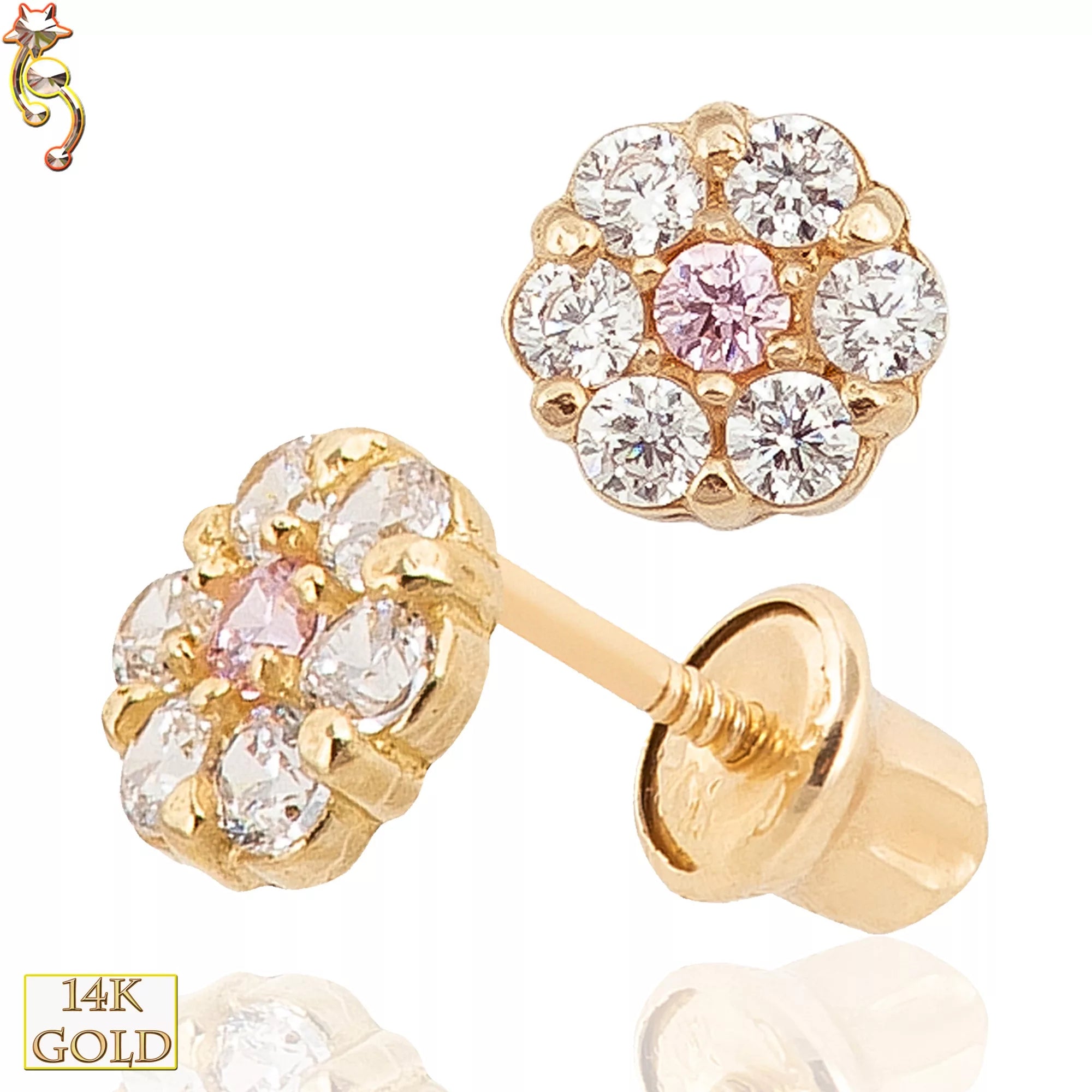 14k Solid Gold Screw Back Earring Flower Design CZ image 1