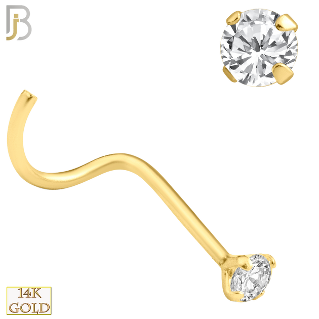 14-NR03CY-20 - 20g Thickness 14k Solid Yellow Gold Prong Setting  Round Cubic Zircona Nose Screw, Cork Screw image 3