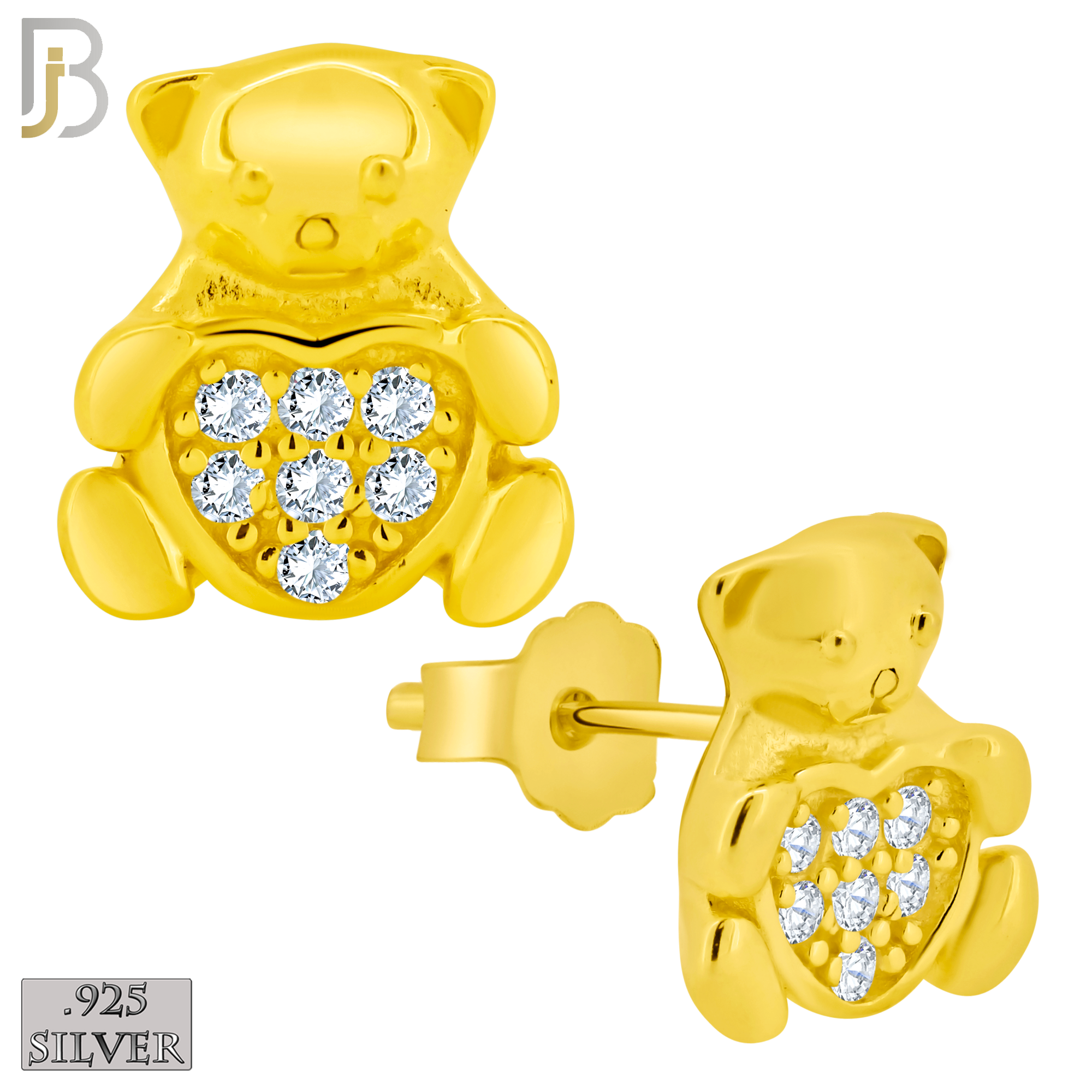 925-ES372 - Push Back -  .925 Sterling Silver Bear with Pave Heart Shaped Center Stud Earrings image 2