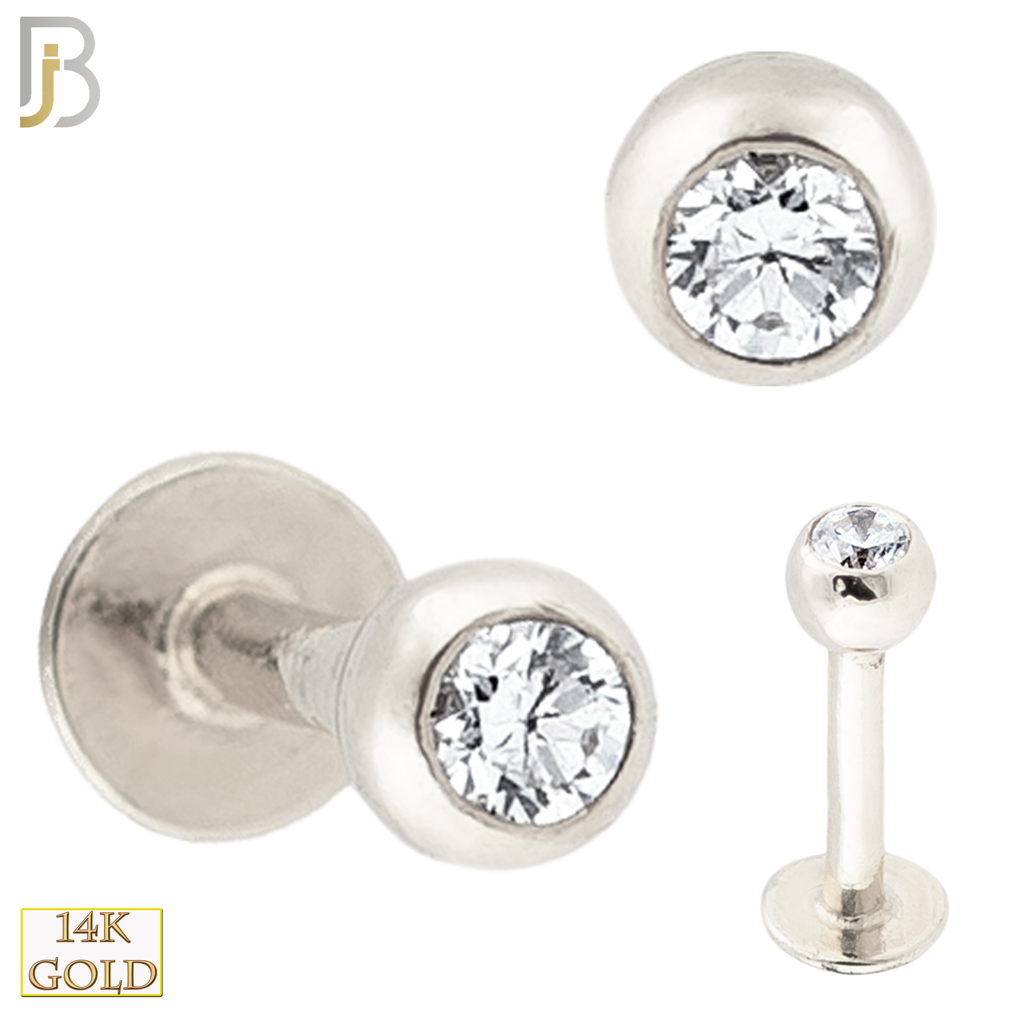 14-LB06 - 14k Solid Gold Plain Labret Externally Theaded Ball with CZ image 1