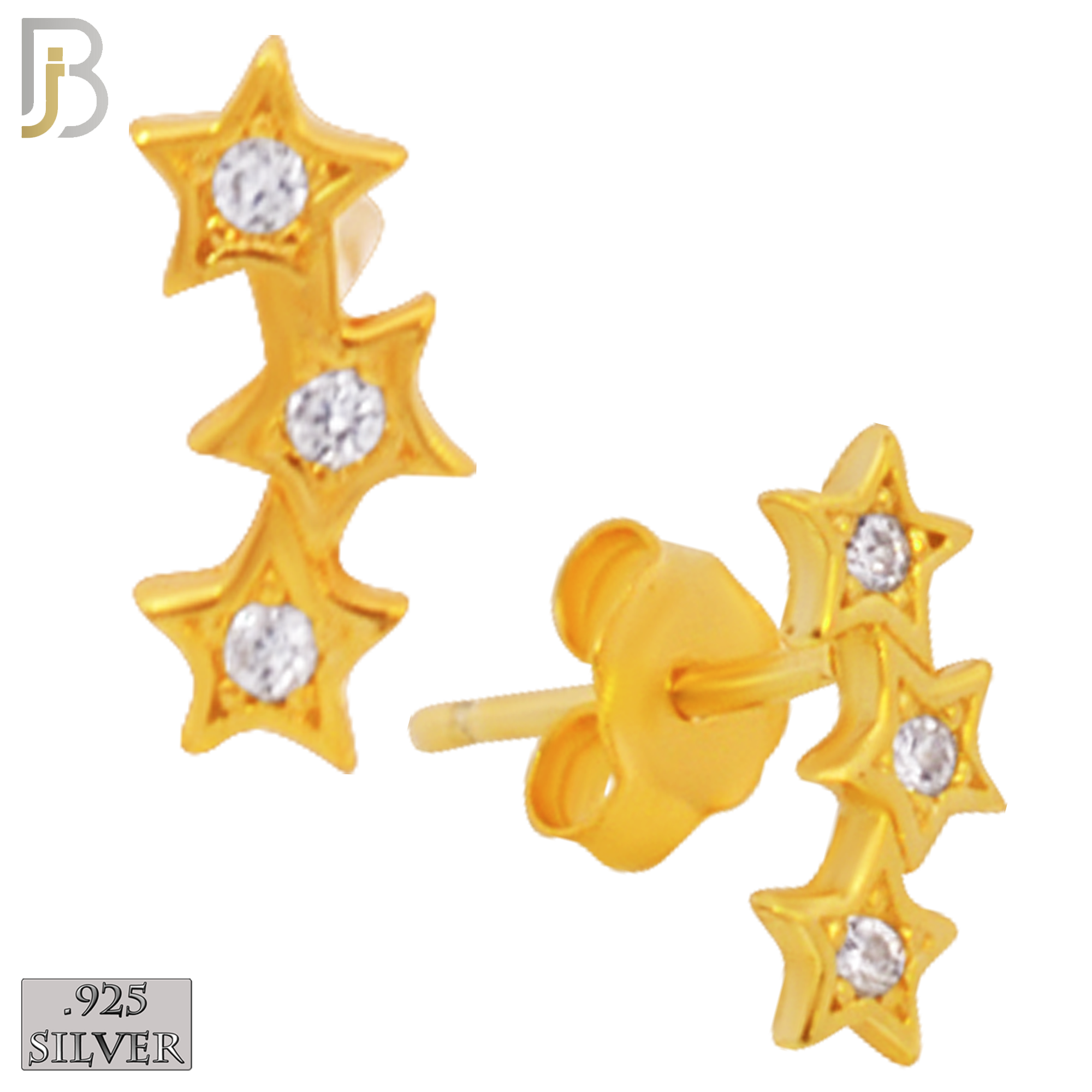 925-ES161 - .925 Sterling Silver Triple Star  with Zircon Design Earring Stud image 2
