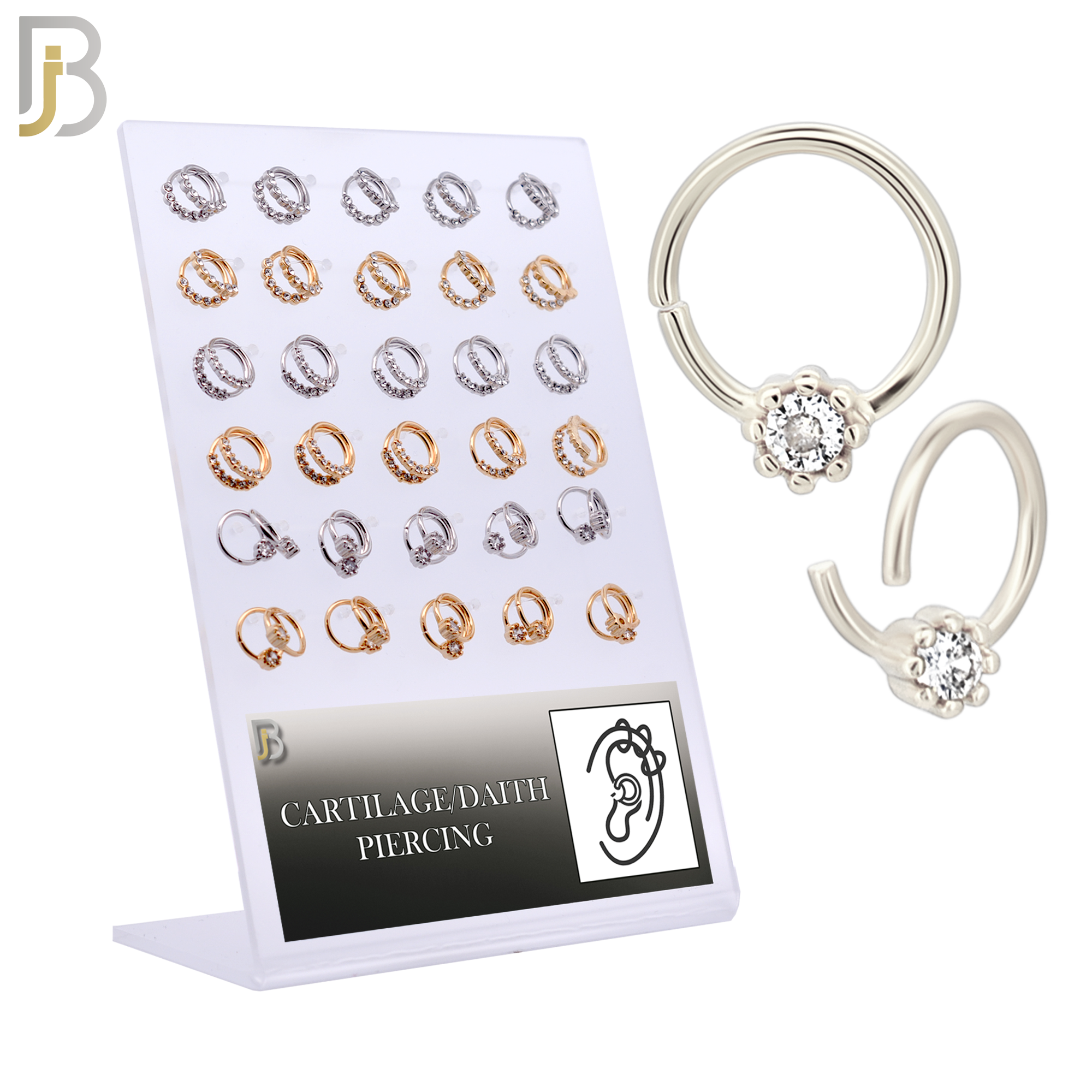 PK-TH03MX1- Brass Three Different Designs Tragus - Helix Hoop Piercing with CZ - Pack of 60 - Pack of 60 image