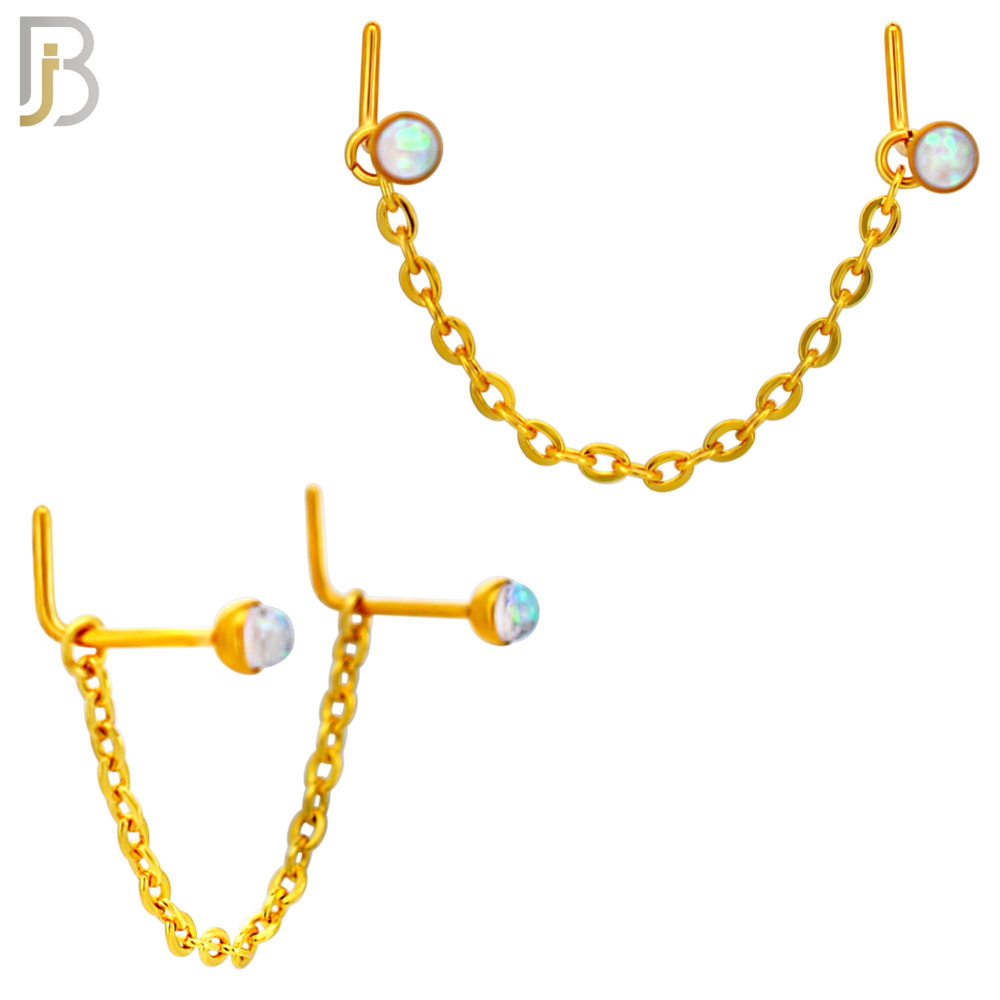 NR124L - 316 Surgical Steel Double L-Shaped Nose Rings with Opalite Stones and Single Chain Link - (Pack of 3) image 1