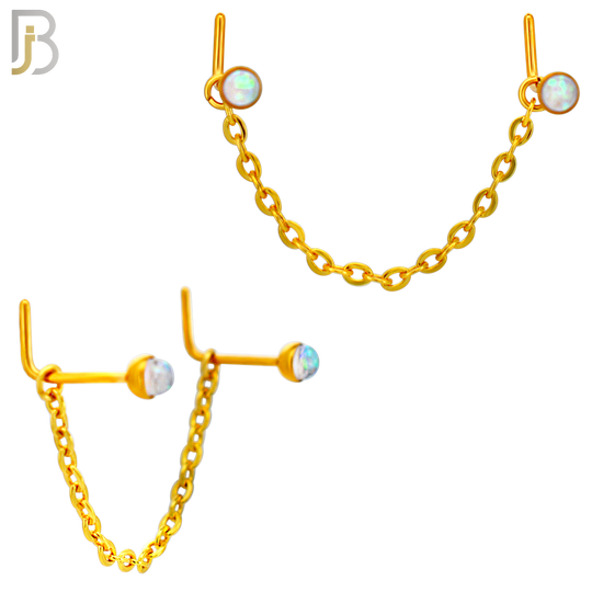 NR124L - 316 Surgical Steel Double L-Shaped Nose Rings with Opalite Stones and Single Chain Link - (Pack of 3) image 1