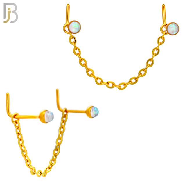 NR124L - 316 Surgical Steel Double L-Shaped Nose Rings with Opalite Stones and Single Chain Link - (Pack of 3) image 1