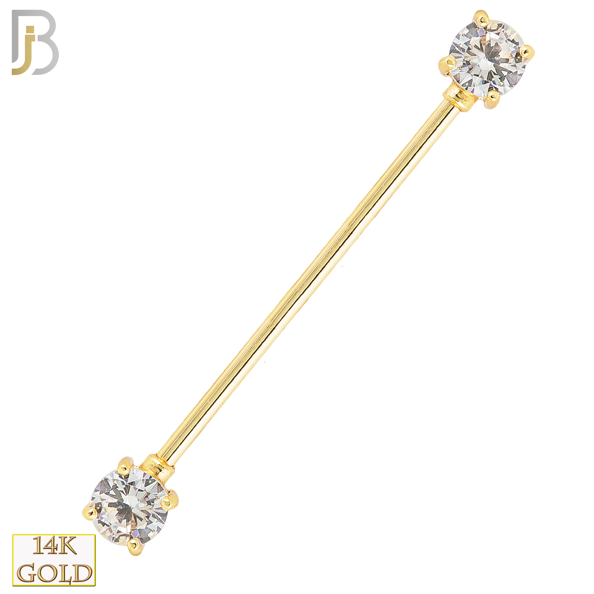 14-BB37 - 14k Solid Gold Industrial Straight Barbell with Round Clear CZ Externally Threaded image