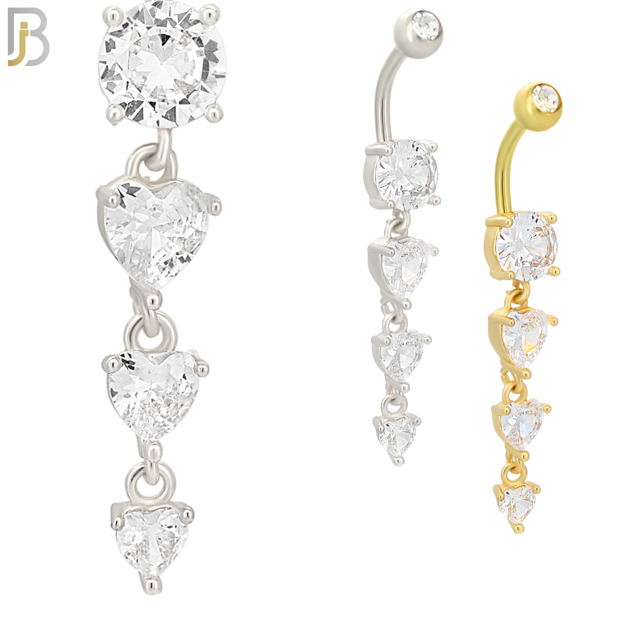 N091  - 316L Stainless Steel Round Zircon with Dangling Line of Heart Shaped Zircon Belly Ring image 0