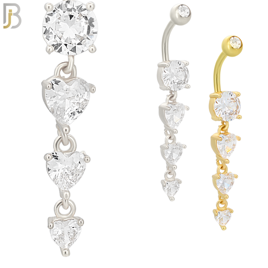 N091  - 316L Stainless Steel Round Zircon with Dangling Line of Heart Shaped Zircon Belly Ring image 0