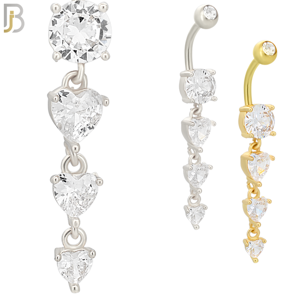 N091  - 316L Stainless Steel Round Zircon with Dangling Line of Heart Shaped Zircon Belly Ring image 0