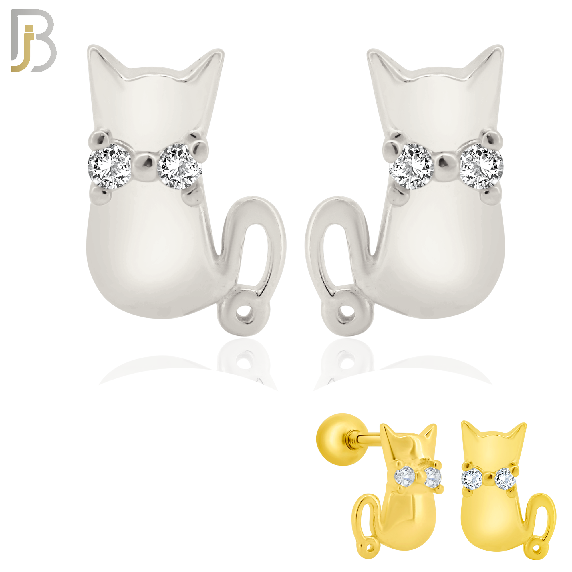 925-ES202 - Screw Ball Back - .925 Sterling Silver Cat Design Earring Stud with Clear Zircon image 0