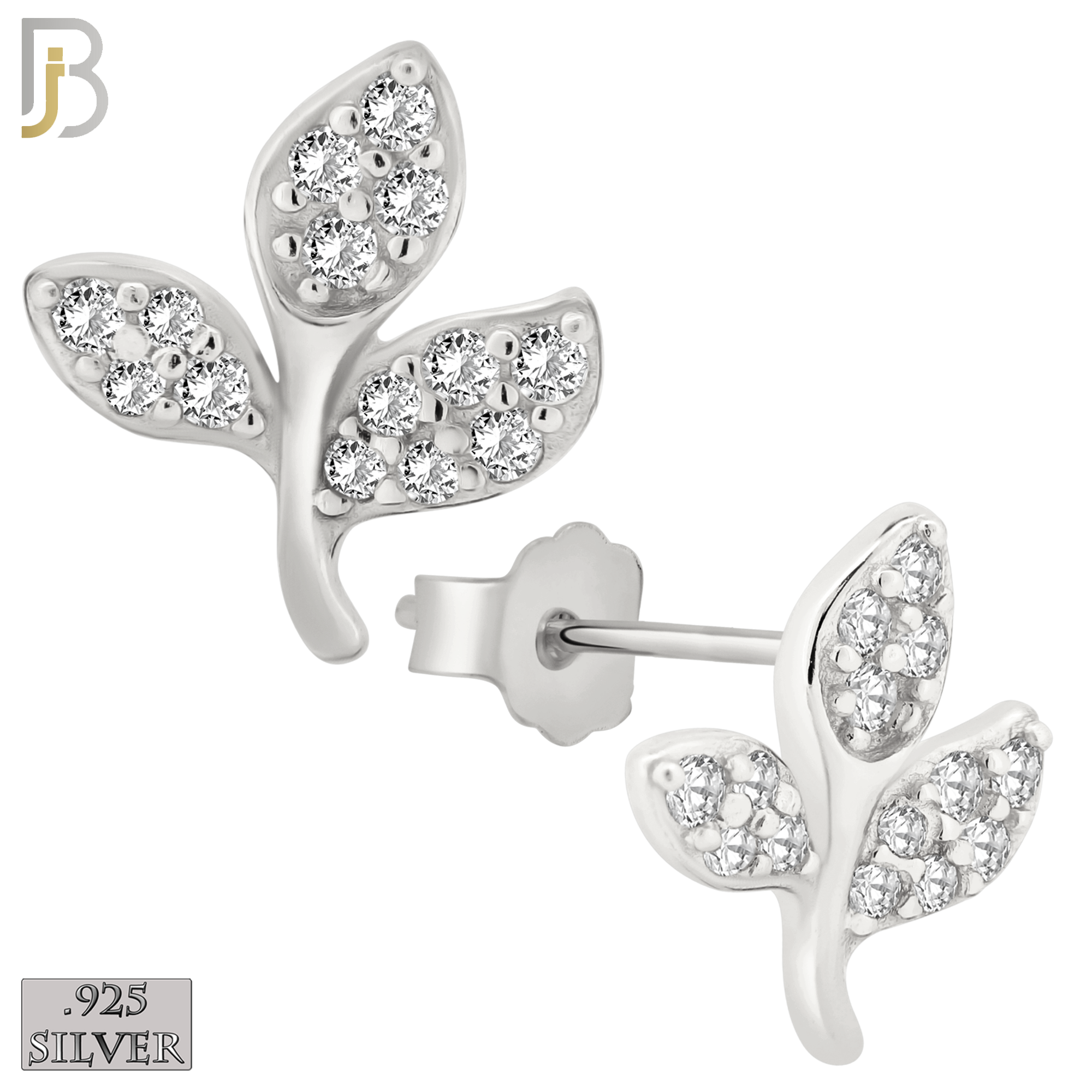 925-ES148 - .925 Sterling Silver Leaf Design with Zircon Design Earring Stud image 1