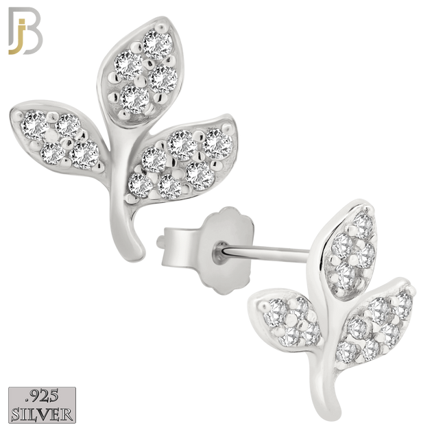 925-ES148 - .925 Sterling Silver Leaf Design with Zircon Design Earring Stud image 1