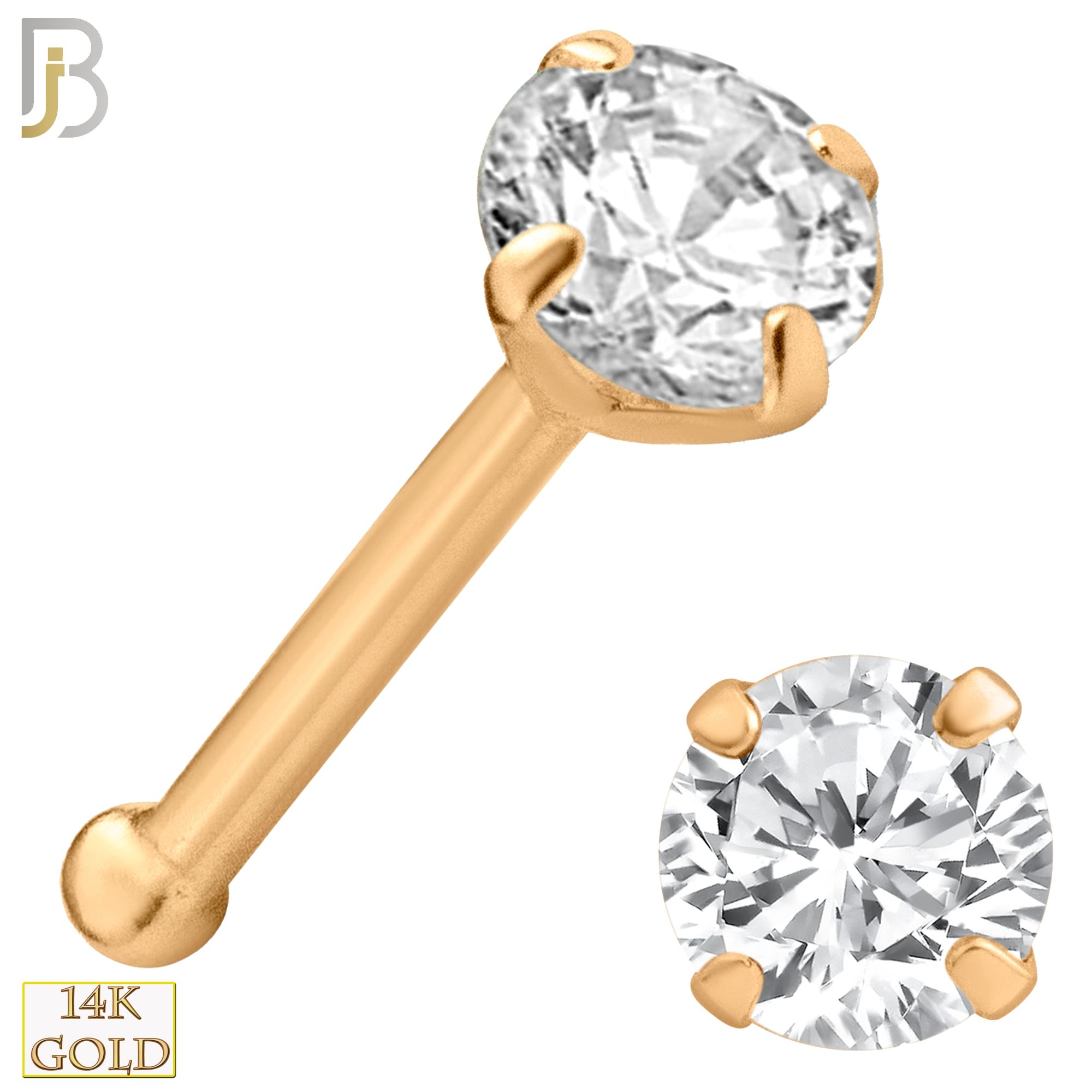 14-NR01D – 20g 14k Solid Gold Prong Setting  Round SI1 Real Diamond Nose Ring Bone image