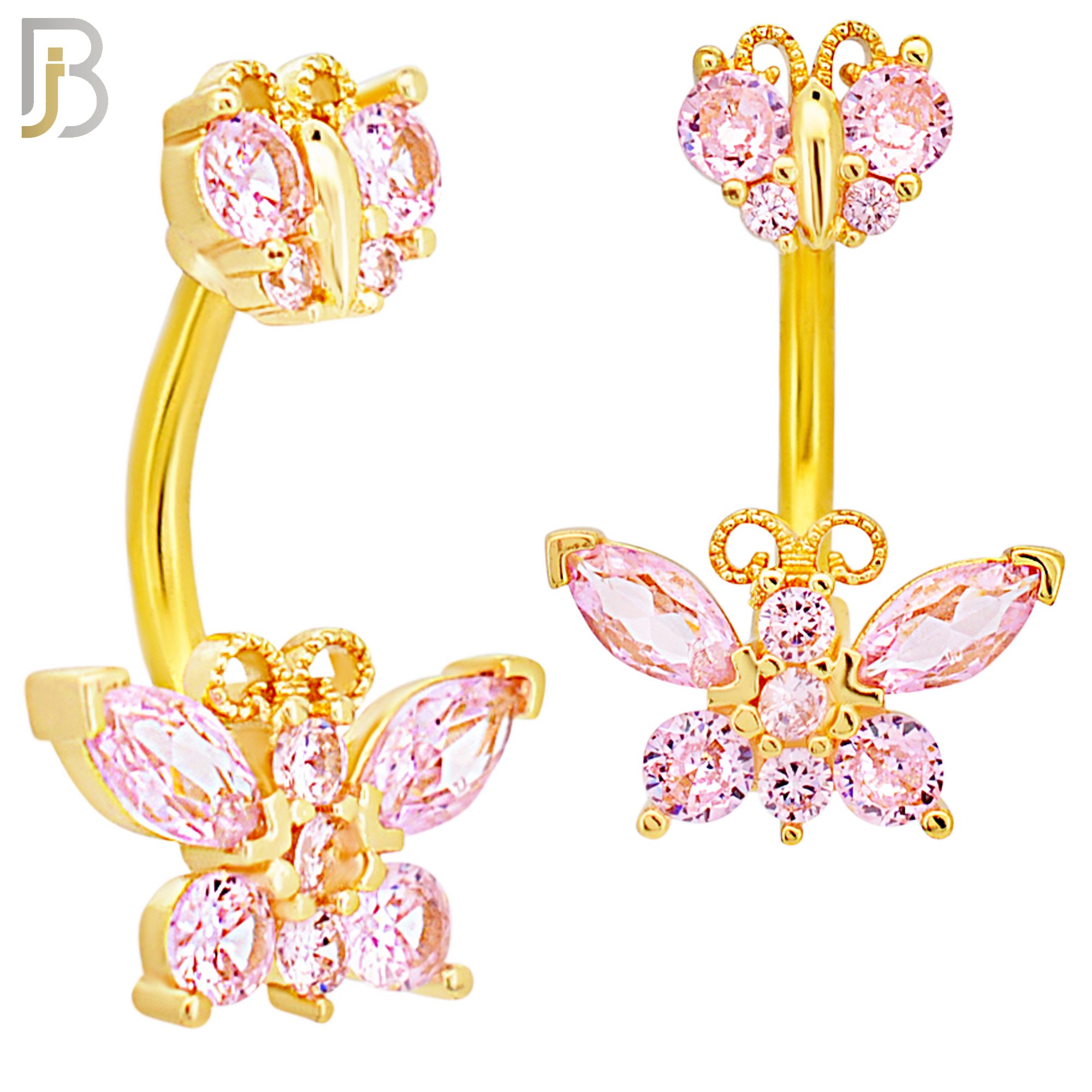 NB60 - 316L Stainless Steel Double Butterfly Banana Belly Ring with Cubic Zirconia image 4