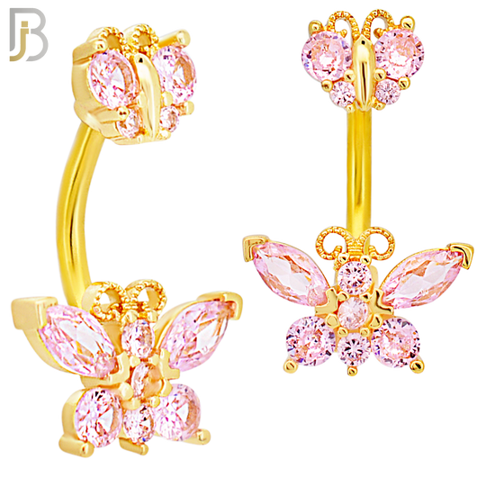 NB60 - 316L Stainless Steel Double Butterfly Banana Belly Ring with Cubic Zirconia image 4