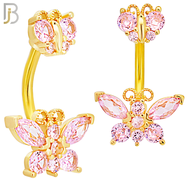 NB60 - 316L Stainless Steel Double Butterfly Banana Belly Ring with Cubic Zirconia image 4