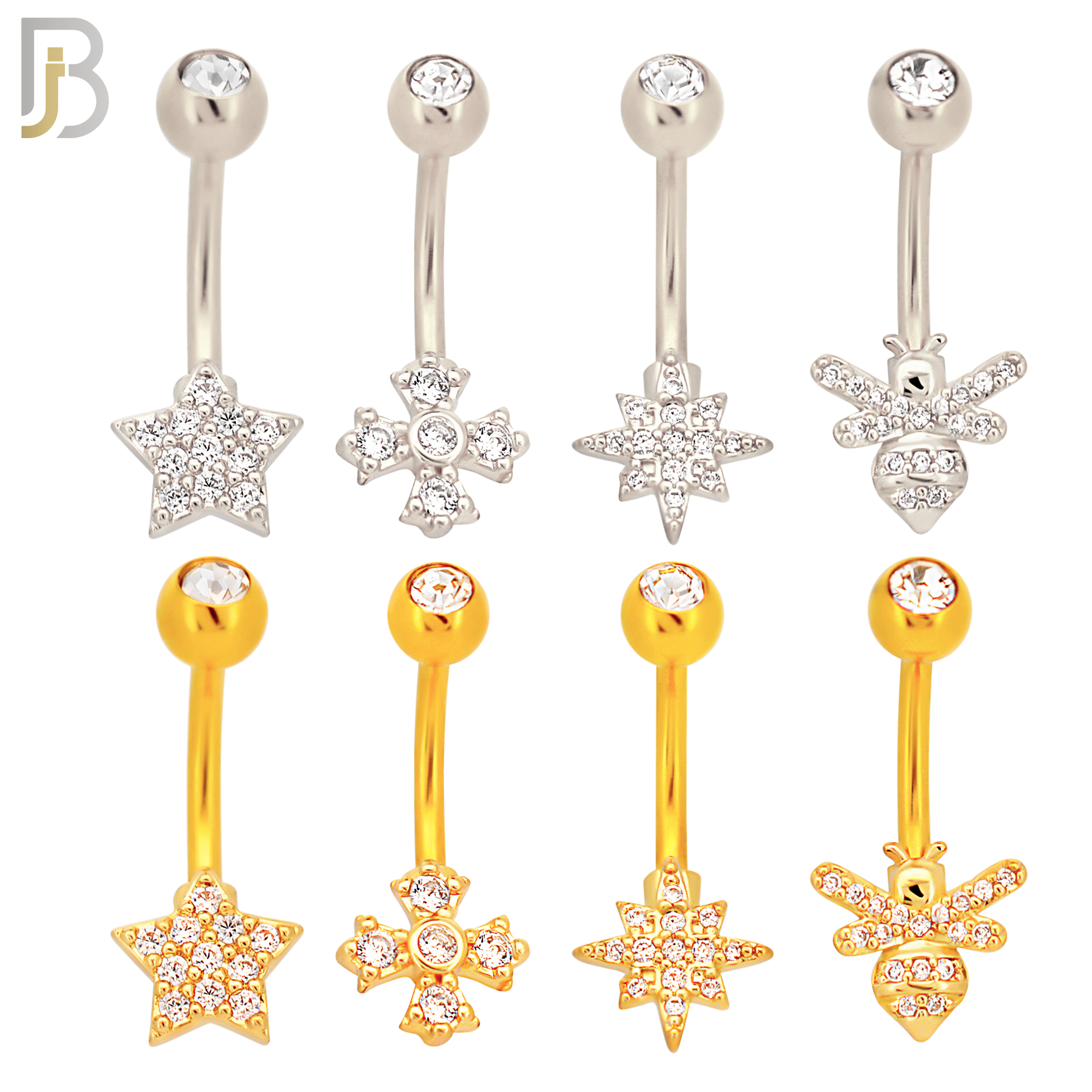 PK-NB18SG - 316L Surgical Steel Four Different Designs Banana Navel/Belly Ring - Pack of 24 image 1