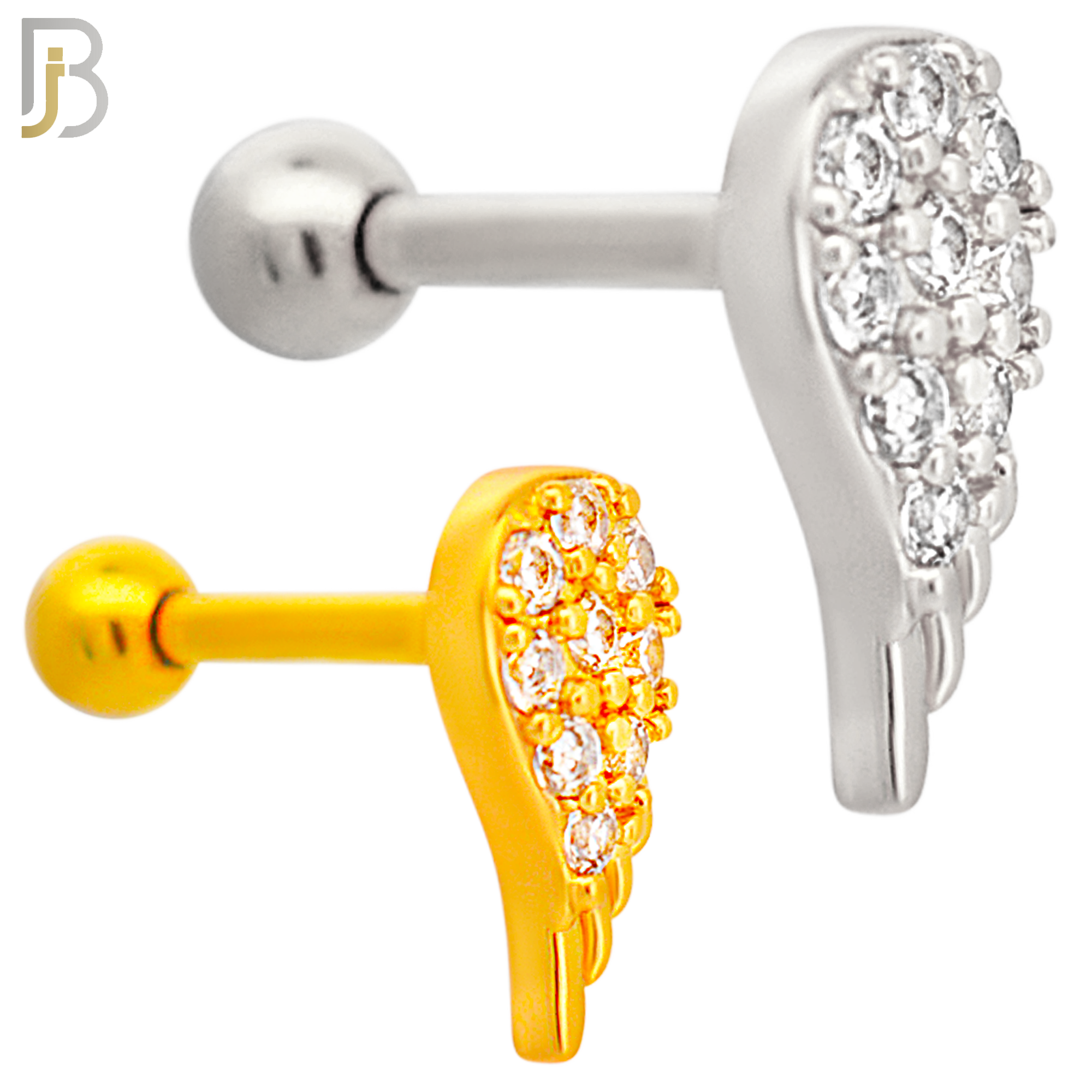 TB66 - 316L Stainless Steel Angel Wing with Zircon Tragus Barbell Cartilage Piercing Screw Ball Externally Threaded (PACK OF 6) image 0