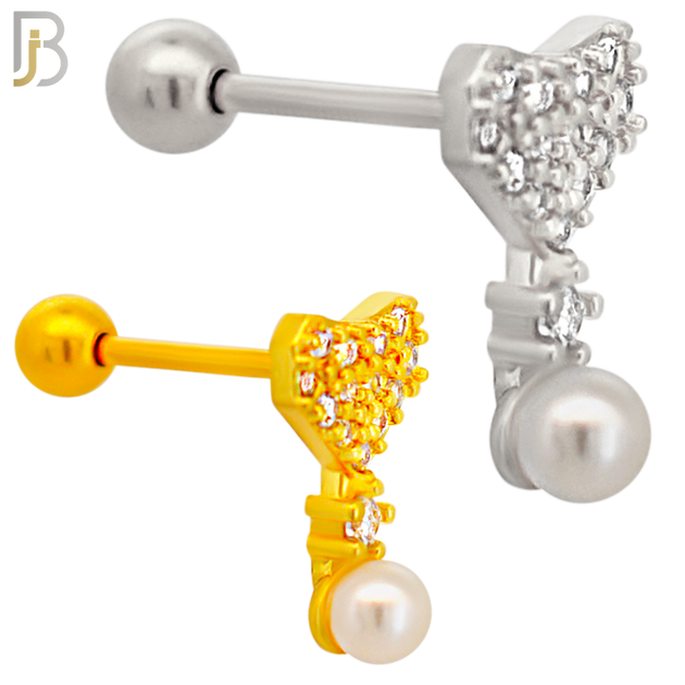 TB100 -  316L Stainless Steel Heart with Multi CZ and Synthetic Pearl Tragus/Cartilage  (PACK OF 6)Barbell image 0