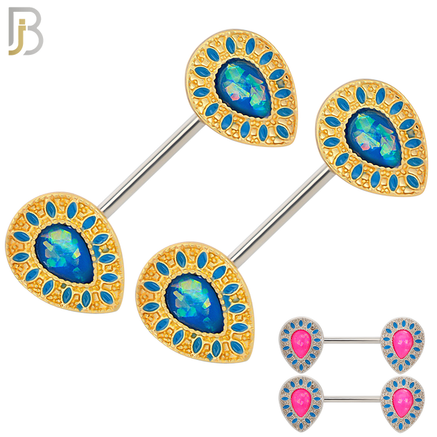 NP11 - 316L Surgical Steel Screw Teardrop Opal with Oval Enamel Nipple Ring Piercing image 0