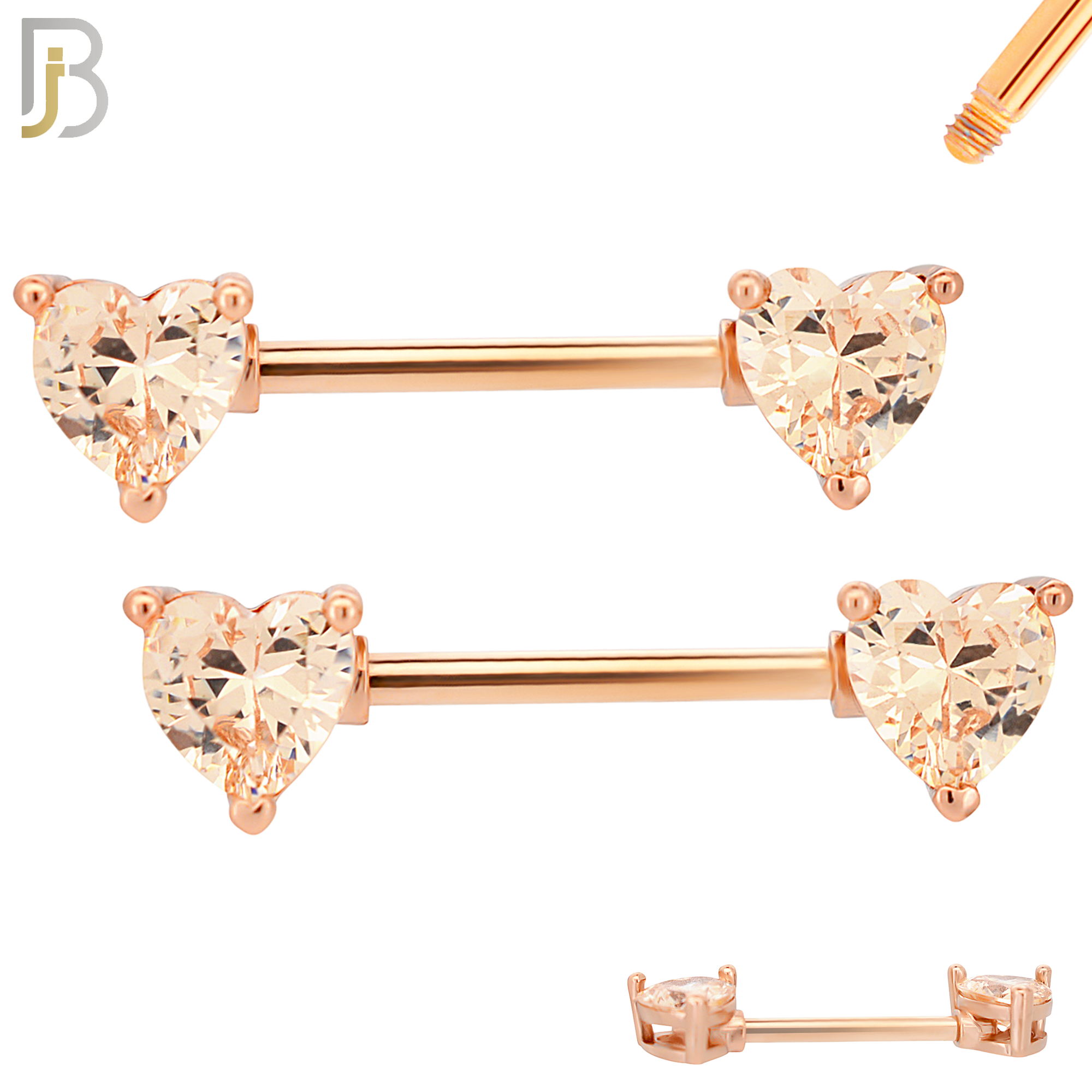 NP03R - 316L Surgical Steel Rose Gold Plated Screw Prong Heart Zircon Nipple Ring Piercing image 2