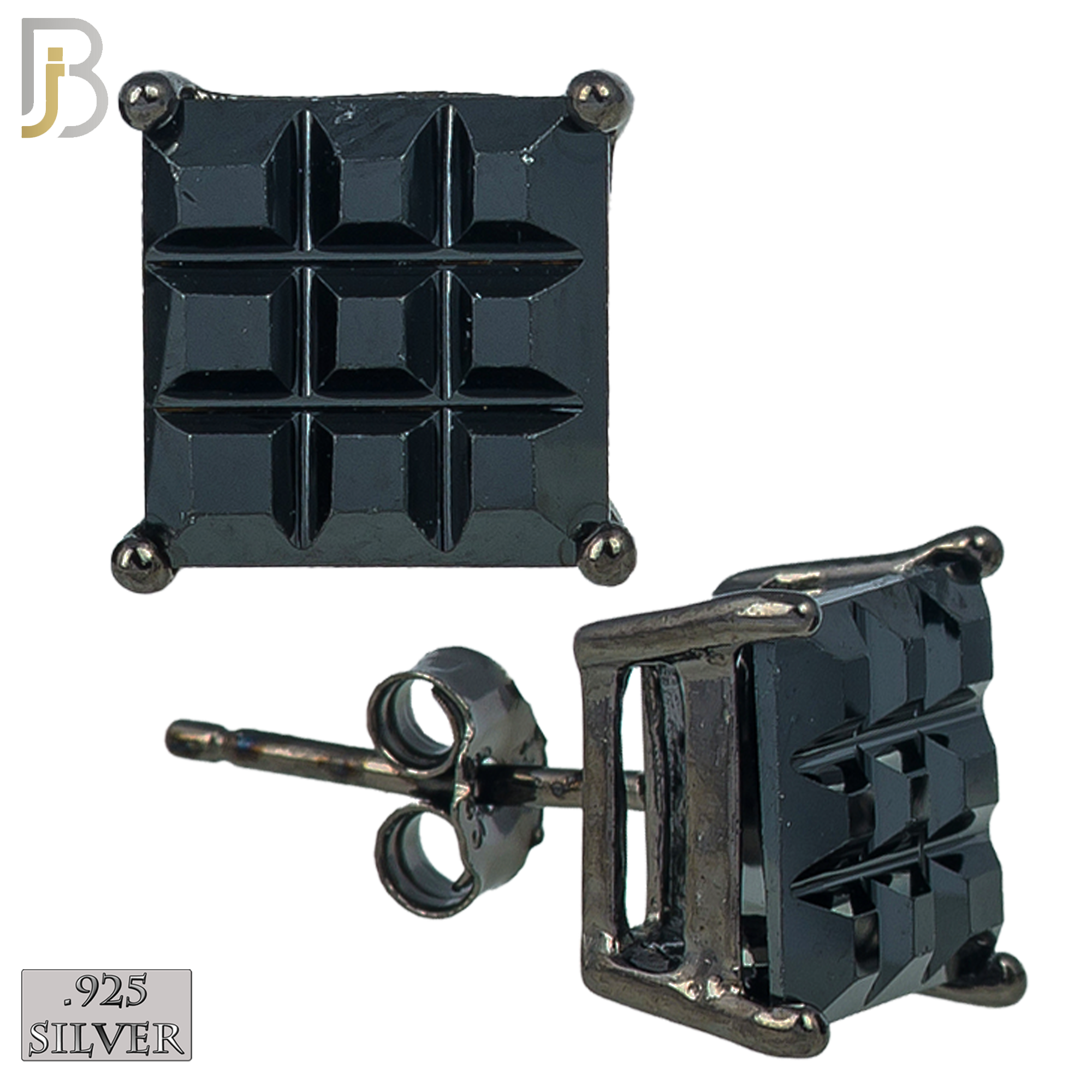 925-ES74-KK - .925 Sterling Silver Black Plated Earring Stud Casting Square Princess Invisible Cut Prong Setting Black  Zircon image 0