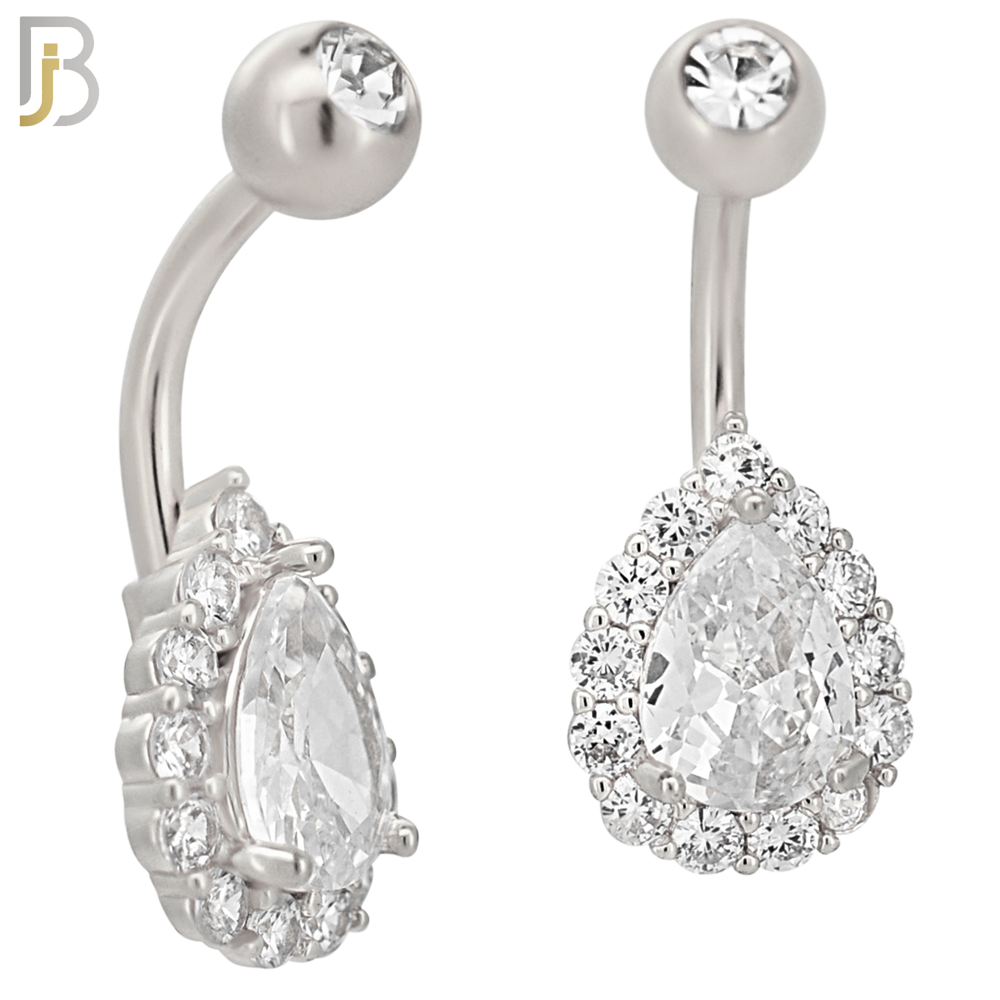NB74 - 316L Stainless Steel Banana Belly Ring with Pear Shaped Cubic Zirconia with Halo image 1