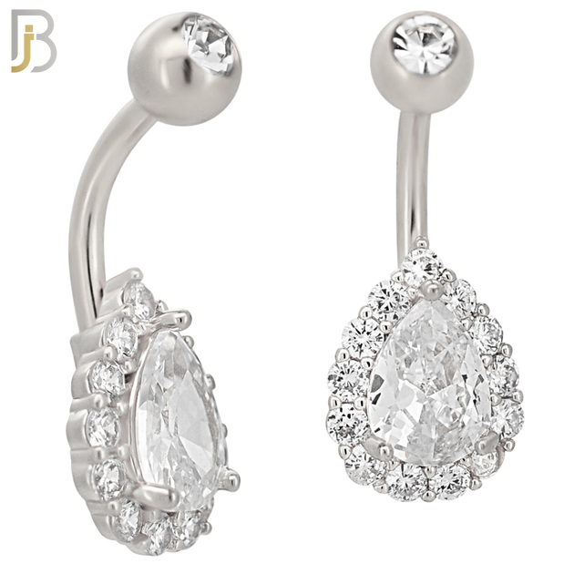 NB74 - 316L Stainless Steel Banana Belly Ring with Pear Shaped Cubic Zirconia with Halo image 1