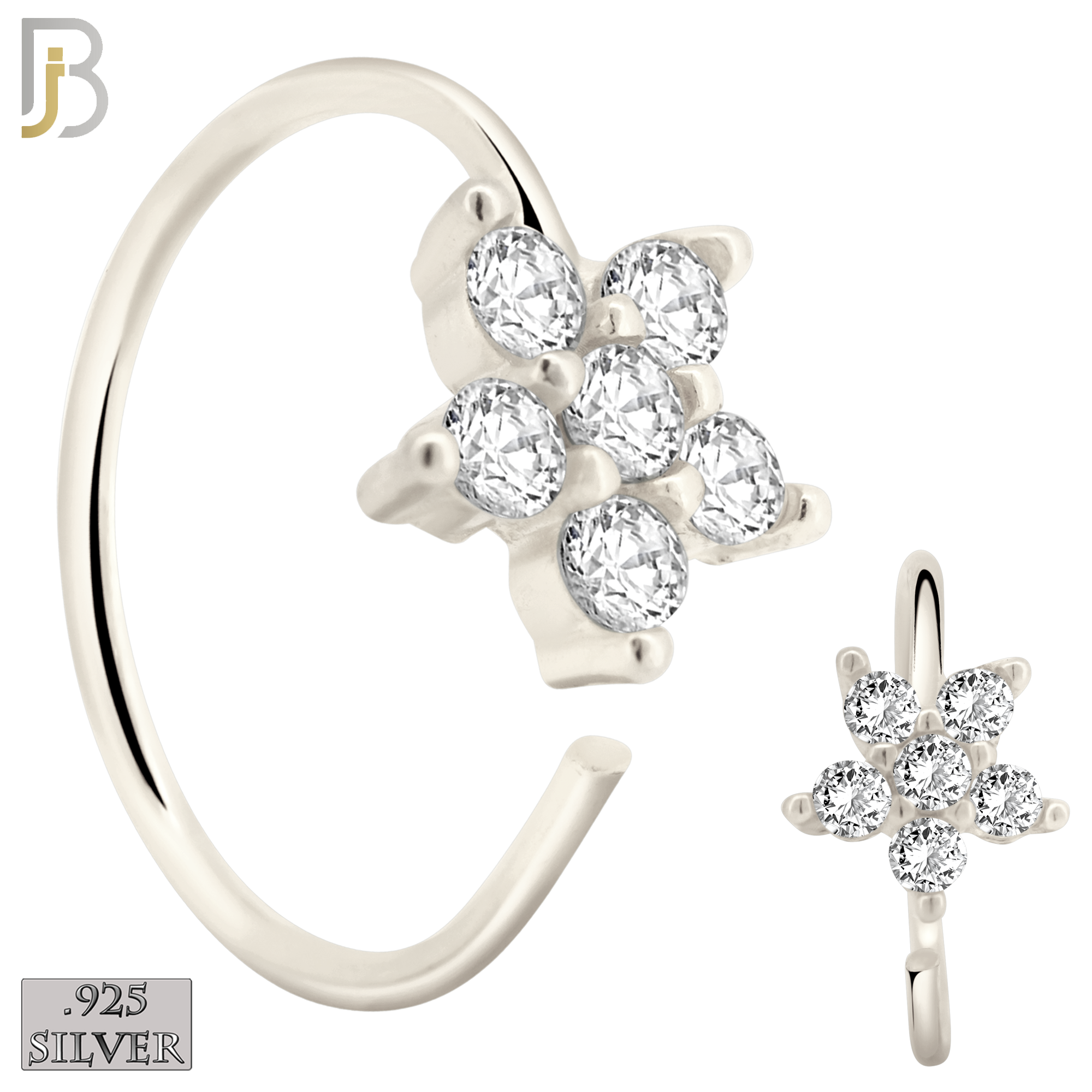 925-CT27 - 925 Sterling Silver Five Petal Star Shaped Flower Design Nose Hoops 22g Thick 8mm wide (Pack of 6) image 0